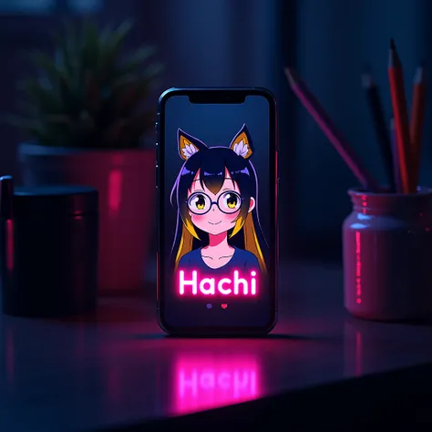 Night light, mobile phone screen on black table showing real profile photo of anime girl, (name) "HACHI" written in bold under profile photo, glowing pink and blue, smile, long hair, yellow tail, black and yellow highlighted hair color, black and yellow gr...