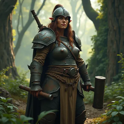 Dwarf short woman with short, slightly pointed small ears, wearing iron armor, and an iron helmet dwarf , with a sledgehammer , in a dense forest, close up photo, realistic