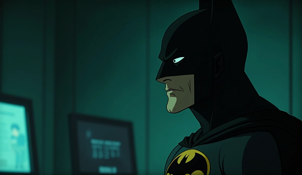 Adult anime drawing style with mature elements and dramatic:   Create an animated noir style video focusing on the Batman profile in close up she is speaking as if she were explaining something.  The scene must have a dark atmosphere dominated by shades of...