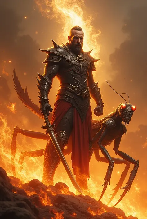 a warrior with a giant mantis, surrounded by an aura of fire 