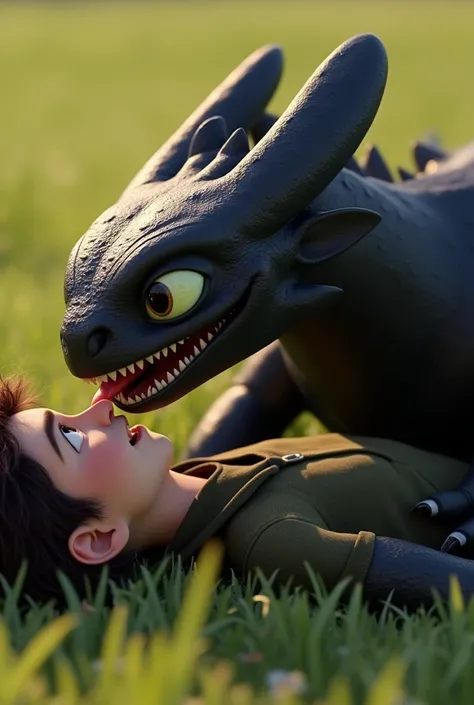 From the movie How to Train Your Dragon . The Dragon from the Night Fury specimen opening his jaw and sliding his tongue over the face of Adult Hiccups, while the two of them are lying down 