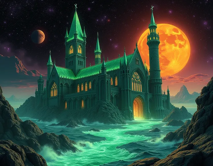  A Gothic castle ,  with side arches , a large tower on its right side ,  a taller tower with a powerful acetylene fire beacon on the left,  large and tall doors in pointed arches ,  all made of emeralds and transparent rubies ,  in the background a choppy...