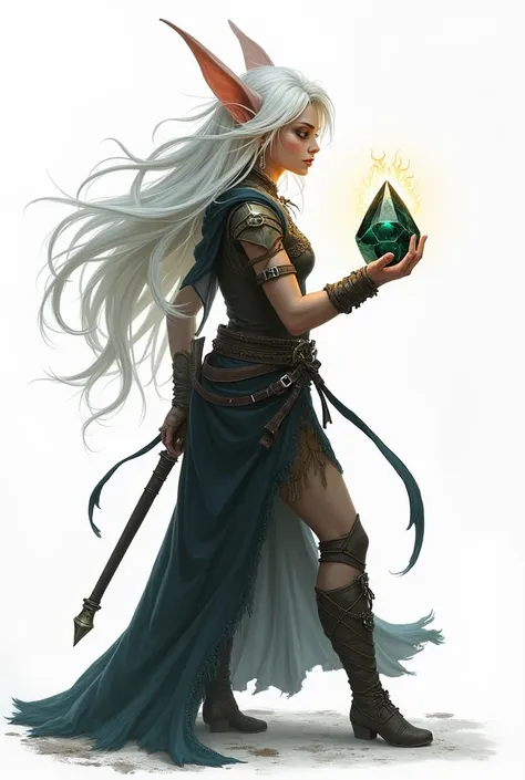  pixie sorceress with white hair wearing warrior clothes in profile holding an onyx with her hand on a white background