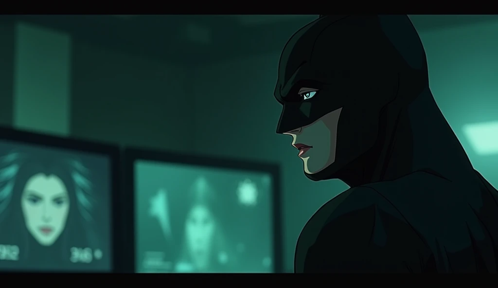 Adult anime drawing style with mature elements and dramatic:   Create an animated noir style video focusing on the Batman profile in close up she is speaking as if she were explaining something.  The scene must have a dark atmosphere dominated by shades of...