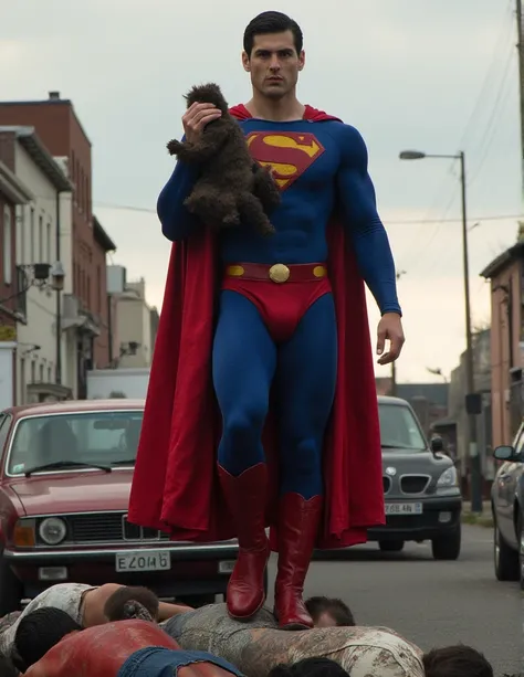 In a chaotic street scene, a buff man in a superman costume (think movie version of Superman-black undercut, blue tights and red cape and red boots and red briefs) holds a small, Superman holding up a car crushing people underneath ,in a scenario with dest...