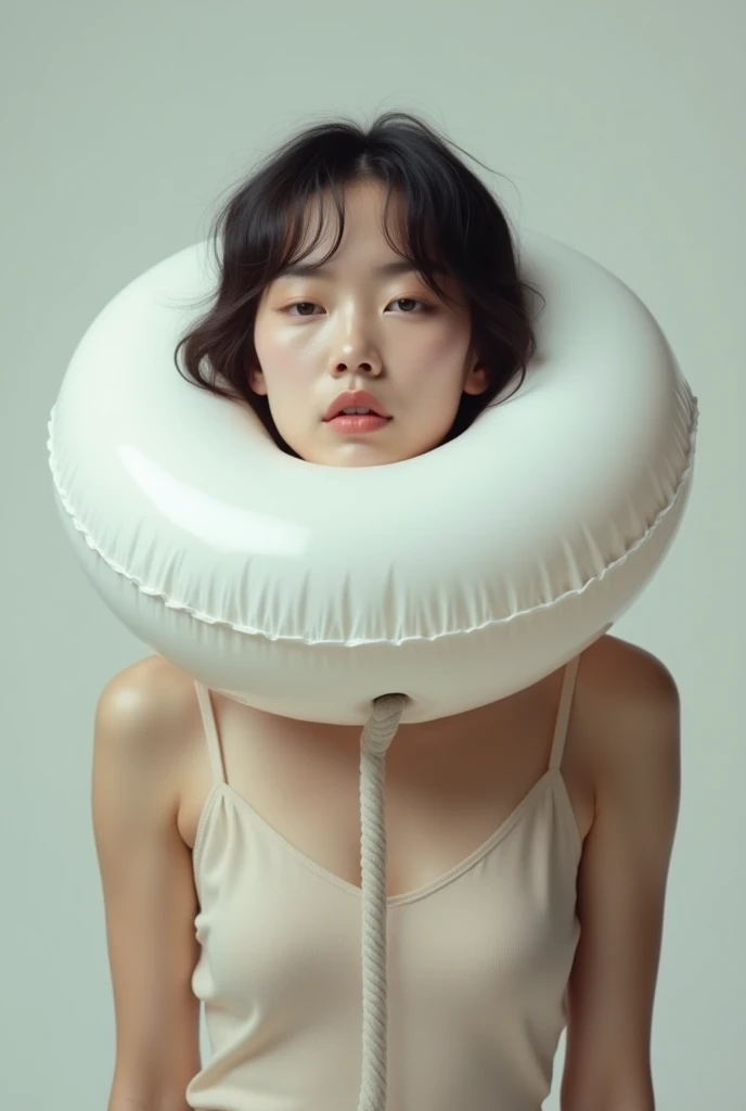 Woman using a inflatable collar that engulfed her neck while collar rope tied 