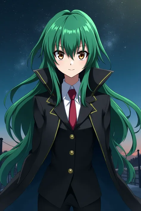 (1girl, Code Geass), C.C., "CODE GEASS Lelouch of the Rebellion", solo, (green hair), cc_codegeass, long hair, straight hair, bangs, brown eyes, hair between eyes, suit, cloak, stary night, outdoor, seductive smile, looking at viewer, (masterpiece, best qu...