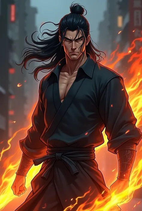 A ninja with flames inside, a handsome middle-aged man with provocative black hair,2.5danime，Upper Body View