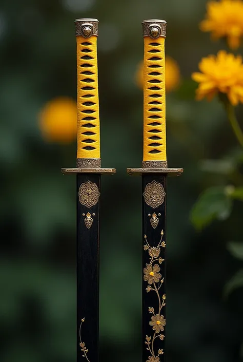 Set of Two katana swords, Black scabbard With Golden flowers, Yellow colored handle