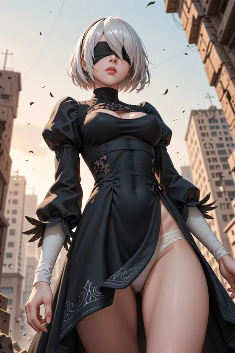 (score_9, score_8_up, score_7_up:1.5), masterpiece, cinematic perspective, leading lines, over detailed, Anime Style, Portrait, yorha no. 2 type b, short white hair, black dress, hairband, black blindfold, covered eyes, clothing cutout, cleavage cutout, pu...