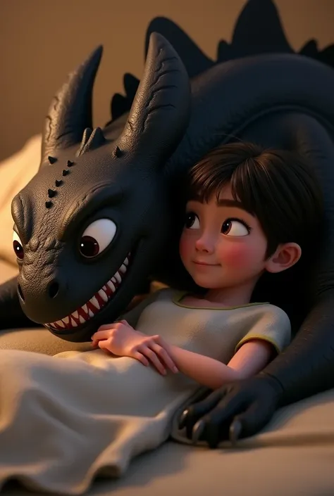 From the movie How to Train Your Dragon . The Dragon from the Night Fury specimen opening his jaw and sliding his tongue over the face of Adult Hiccups, while the two are lying down and hugging each other on a bed