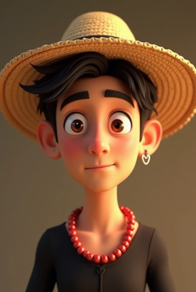 26 year old man, with straw hat, brown eyes, frontal profile look looking at the camera, animated vtuber format, fixed gaze, light brown, one earring, from the waist up, with black shirt, red pearl necklace, stop-motion animation