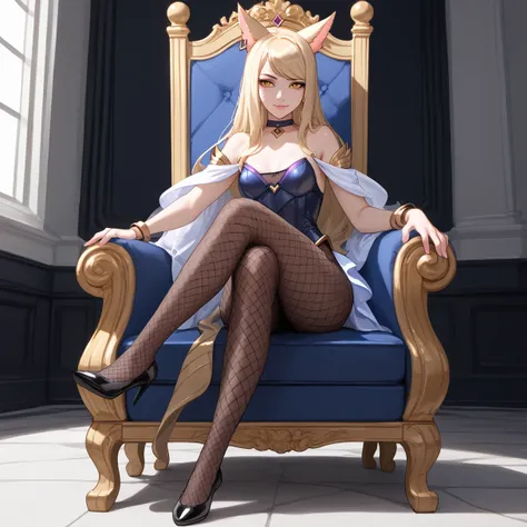 ((full body photo, standing, feet on the ground)) KDA Ahri LoL PD, masterpiece, best quality, (sitting on throne, legs crossed, showing feet, profile photo), highly detailed, score_9, score_8_up, score_7_up, score_6_up, anime font ,BREAK, 2girl, solo, long...