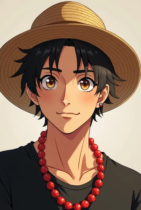 26 year old man, with straw hat, brown eyes, frontal profile look looking at the camera, mouth closed, animated vtuber format, fixed gaze, light brown, one earring, from the waist up, with black shirt, red pearl necklace