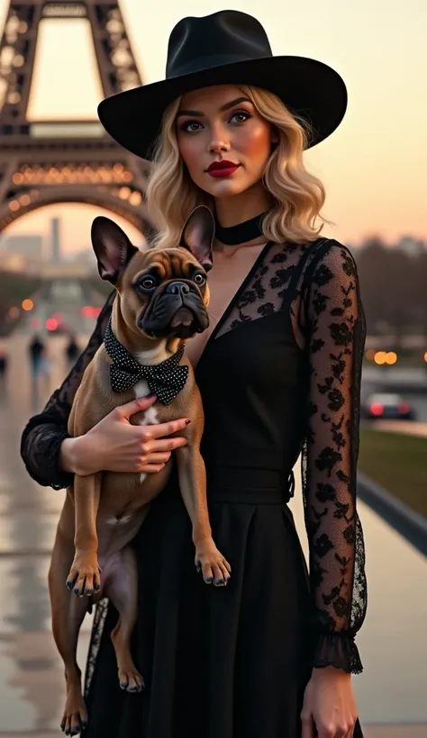 "On a Parisian runway near the Eiffel Tower, bathed in its golden lights, a model wearing a classic black lace dress and a wide-brimmed hat walks with a stylish French Bulldog on a leash. The bulldog sports a chic bow tie and a designer collar that matches...