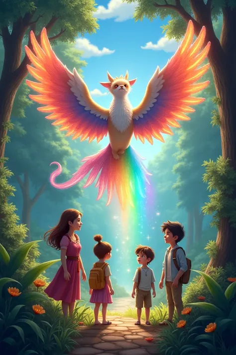 excited, Sofia , the beautiful Michel and the boy Salvador accepted without hesitation.  Pio spread his wings and , with a brilliant twist ,  created a rainbow that took them flying through the forest. 