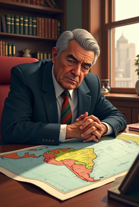 Create an image of a Bolivian politician looking at the map of South America 