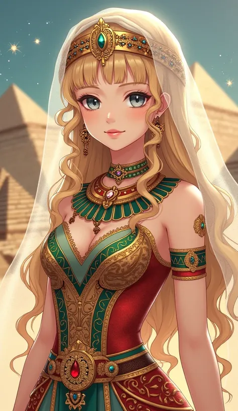 A Japanese anime-style illustration depicts a beautiful young girl with long golden curly hair and gray-blue eyes. She is dressed in an exquisite outfit inspired by ancient Egyptian fashion,featuring a colorful,intricately designed gown adorned with red,gr...