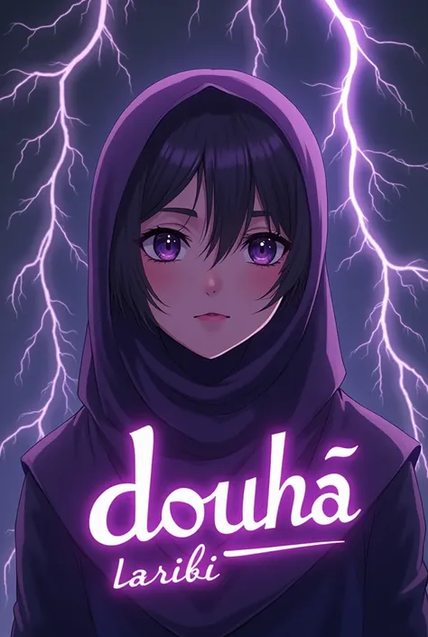 The letters Douha Laribi in purple , Behind the lyrics an Arab girl wearing hijab in anime and lightning in the background 