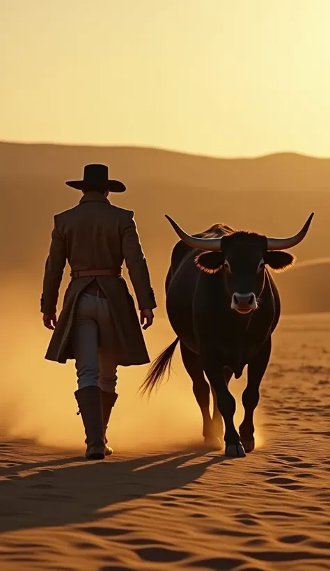 A cinematic scene of a man in bullfighter gear walking alongside a huge bull across a vast desert at dusk. The man, wearing worn boots, a long coat, and a wide-brimmed hat, strode purposefully, his silhouette casting long shadows on the sandy terrain. The ...