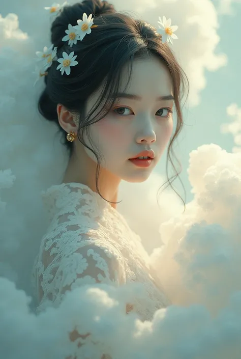  She is wrapped in a fantastic environment like a dream, Soft colors and elegant shapes 、 Japanese woman with a viewing angle of、 are both neat and sexy、Sidelong glance、In the clouds、