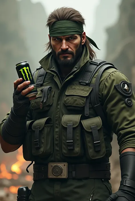 Venom snake from Metal Gear Solid the Phantom Pain, wearing a bandana, holding a can of monster energy