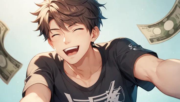 (masterpiece:1.3), (best quality:1.3), (very detailed), (anime style:0.1), game cg, anime coloring,((simple background)), ((solo)), 1boy, a young man, ((cowboy shot)), japanese, makes an aesthetic, wearing a black T-shirt, short brown hair, eyes sparkling ...