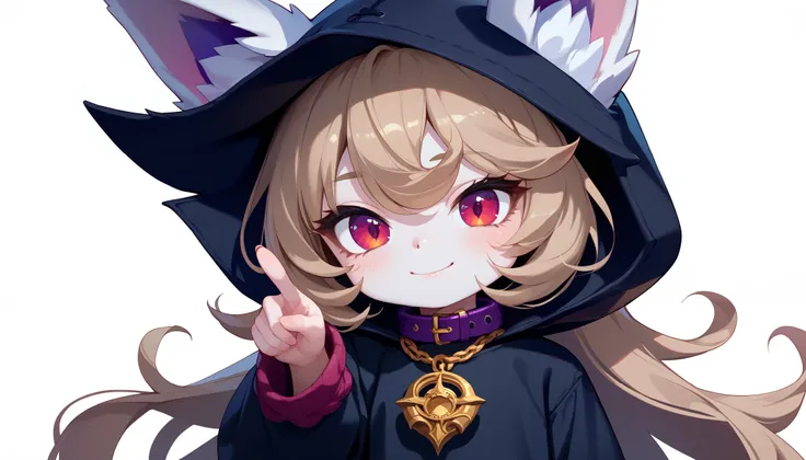 (masterpiece:1.3), (best quality:1.3), (very detailed), (anime style:0.1), game cg, anime coloring,((simple white background)),VexLoLXL,big eyes,yordle,shortstack,red eyes,((light brown hair,bangs,long hair)),shiny_skin,white_skin,white skin,black hood,hoo...