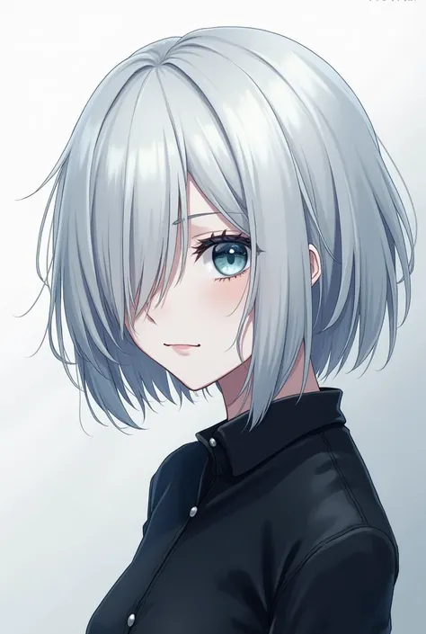  hello you can draw me an anime girl with short white hair that reaches her shoulders but who has one eye covered by a lock of hair on the right side bone right eye, she has white skin and she also wears black clothes that her eyes are a silver blue . That...