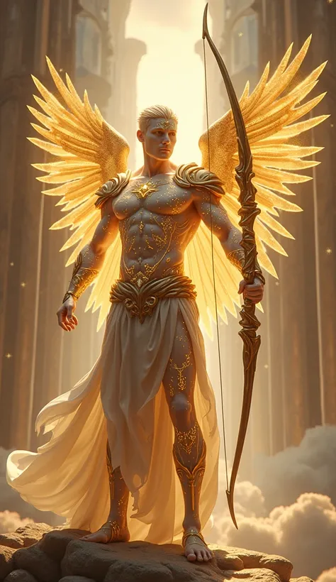 A hyper-realistic, full-body portrait of a celestial male figure inspired by Sagittarius, standing in a grand, divine realm akin to the heights of Olympus. His body is strong and graceful, with his skin seamlessly transformed into a living armor, glowing w...