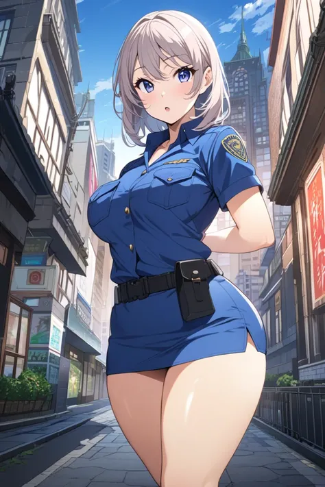 Beautiful anime woman, police dress , short skirt for big thighs ,  full body in a beautiful city. 