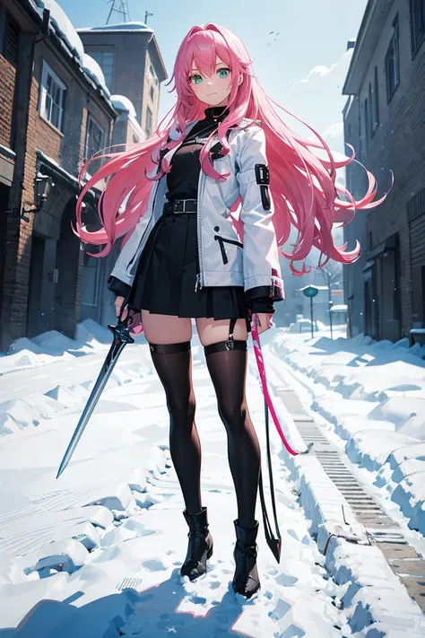  Girl, Face with bright , Pink hair,  Light Emerald Green Eyes ,  Short fluffy boots ,  The toes must protrude at the tip of the boot ,  Full Body , Long wavy hair, , gentle smile,  medium chest,  Black pierced tights, not white  ,  Adventurer-style white ...