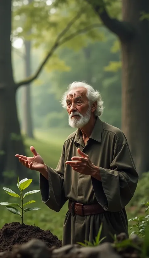 (Islamic) The elderly man is now explaining with a gentle hand gesture, speaking with wisdom. In the background, there are trees, with a glimpse of nature’s growth process, like a small plant sprouting from the soil. The atmosphere is calm and hopeful.
