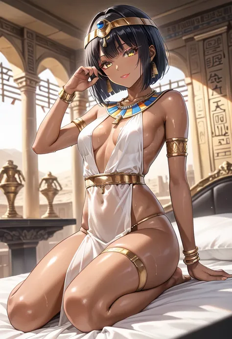 masterpiece,best quality,amazing quality,very aesthetic,(absurdres:1.1),newest,scenery,usnr,BREAK 1girl,(Egyptians:1.2 ),small breasts,breasts out,(skiny:1.1),yellow eyes,mature female,tall female, black hair,bob cut,(extremely very dark-skinned female:1.4...