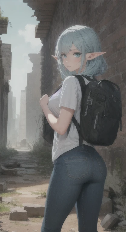 Ruins, elf girl, bright teal eyes, silver hair, top, jeans, backpack, archaeologist, 