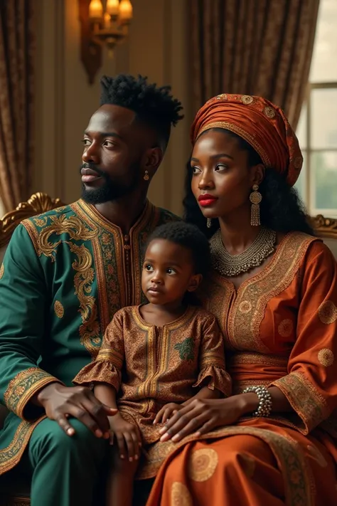 Generate an image of a dark black man and woman in elegant traditional clothing with a dark black boy sitting by them in a luxury living room 