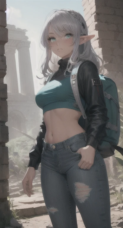 Ruins, elf girl, bright teal eyes, silver hair, crop top, jeans, backpack, archaeologist, 