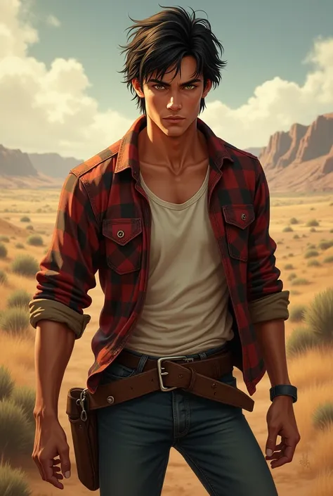 character art style, a young cowboy in his early 20s, shaggy dark hair, green eyes, human, brown skin, wearing flannel and a white shirt underneath with jeans and boots, dynamic image