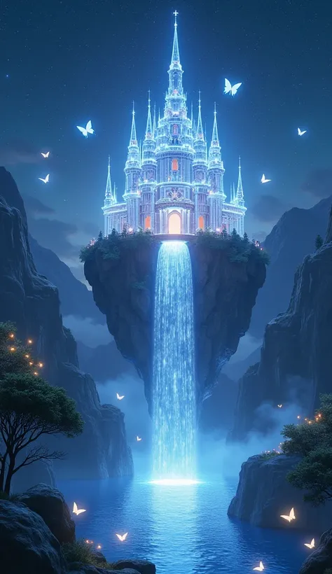 A transparent castle floating in a starry sky 、 There is a waterfall flowing upside down in the courtyard、Glowing butterflies flutter