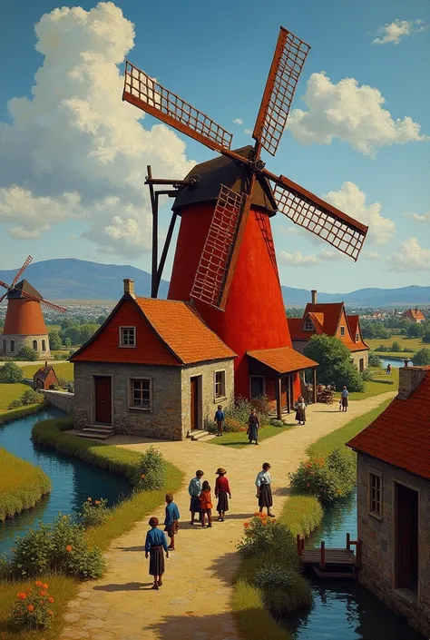 I want to create a very similar copy of the painting The Red Mill with all the characters: hyperrealism, Renaissance style, Caravaggio style, artistic composition and harmonious photorealism. 