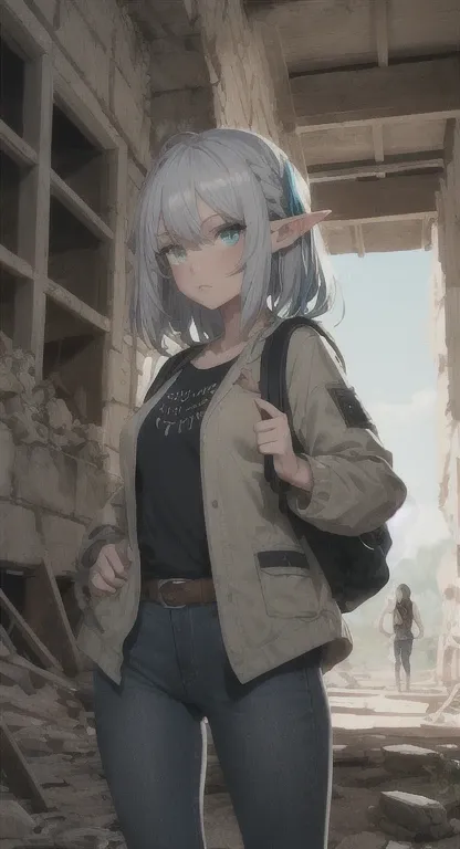 Ruins, elf girl, bright teal eyes, silver hair, top, jeans, backpack, archaeologist, 