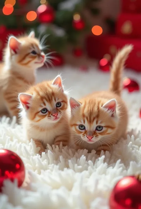  Three realistic baby kittens on an extremely flamboyant white fuzzy carpet, Thrown on top of red Christmas balls , The Christmas environment 