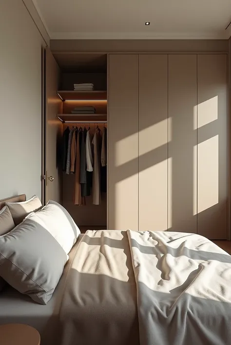 Take a 45° photo of a bedroom with 1 double bed, Closet with a modern look lead colors 