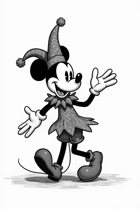 Give me an animated image of an old Mickey Mouse-style black and white jester