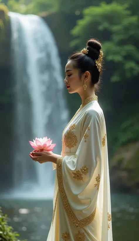 EmpressofAyodhaya,detail dress,A tranquil Thai
woman in a white and gold traditional Thai outfit
with delicate floral patterns. She stands near a
misty jungle waterfall, holding a lotus flower in her
hand. Her high bun is decorated with golden
accents, com...