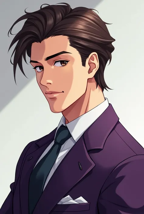 anime man, brunette with hair brushed back black hair and dark brown eyes and purple suit