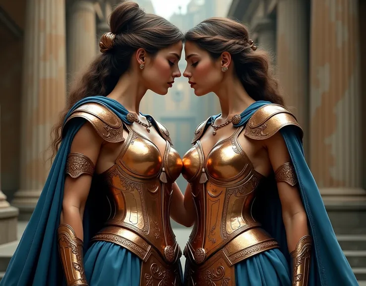 Young and beautiful goddesses of war who love each other。whole body。Ancient Roman armor in sparkling copper with elaborate relief。Ultramarine Blue Cloak 。whole body。