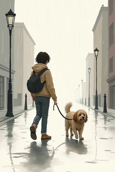 Simple drawing of a person and their dog walking in the rain  