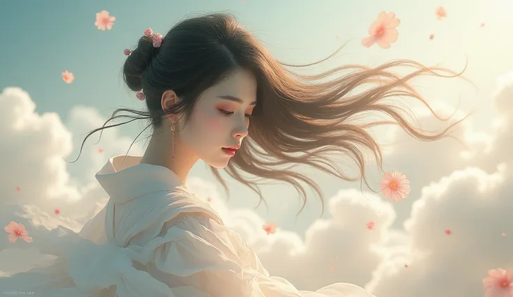  She is wrapped in a fantastic environment like a dream, Soft colors and elegant shapes 、 Japanese woman with a viewing angle of、Long hair spreads in the wind、 are both neat and sexy、Sidelong glance、In the clouds、