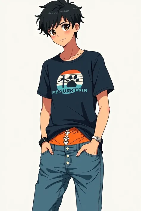 Anime boy sagging skater his Orange boxer shorts with white dog paw print with  fly with white button in his jeans blue and black T shirt with logo anime